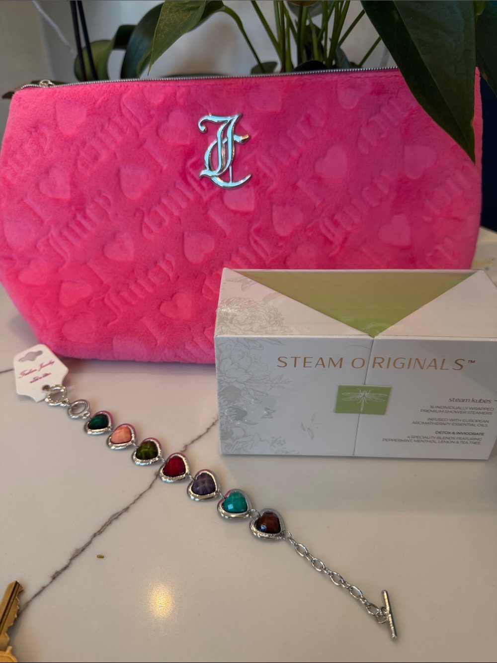 Juicy Couture Hot Pink Embossed Heart Cosmetic Pouch, bracelet and steamers